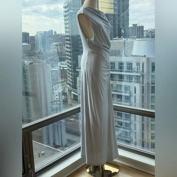 🆕 SIMKHAI 🧿 NWOT Acacia Draped Ruched Jersey Midi Dress, Blue Haze - Sz L - Picture 5 of 16